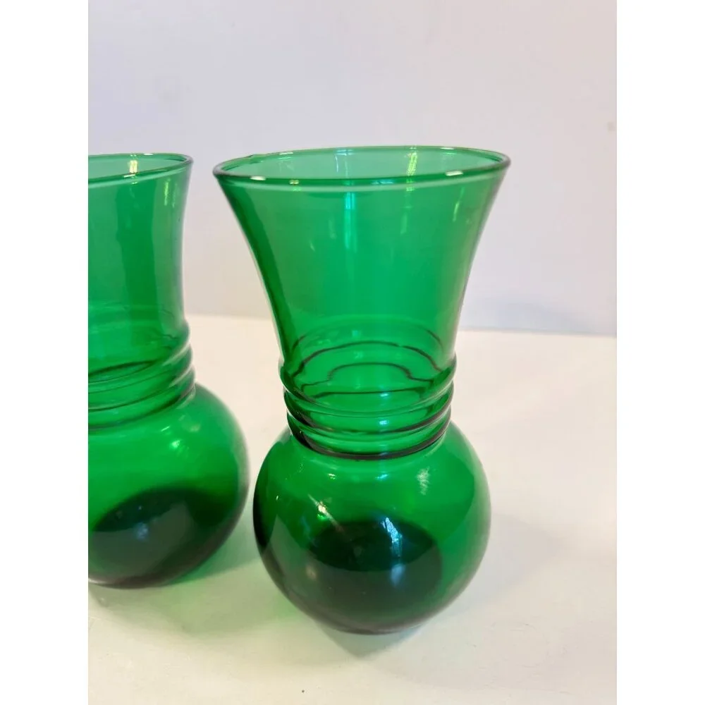 Vintage Mid Century Anchor Hocking Ribbed Forest Green Glass Vase Lot of 2